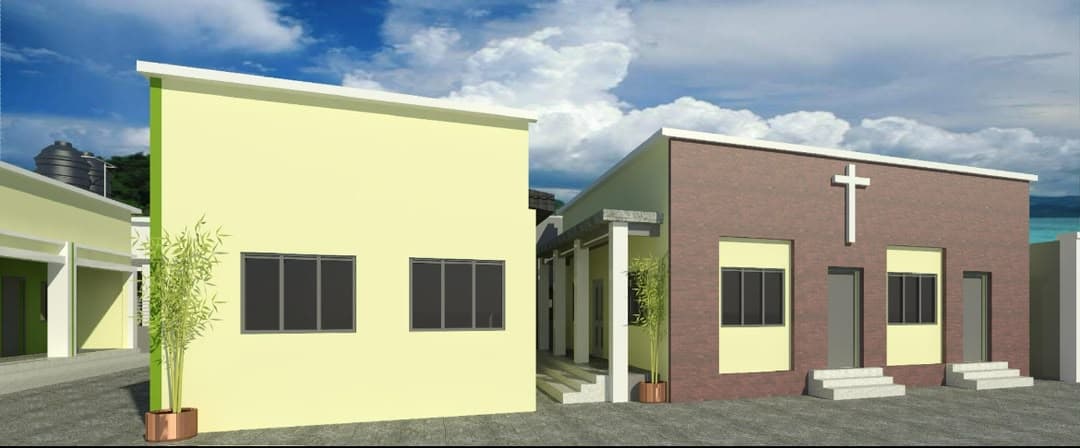 Artist's impression of the planned home: a brick chapel with a white cross beside a residential block, with water tanks behind